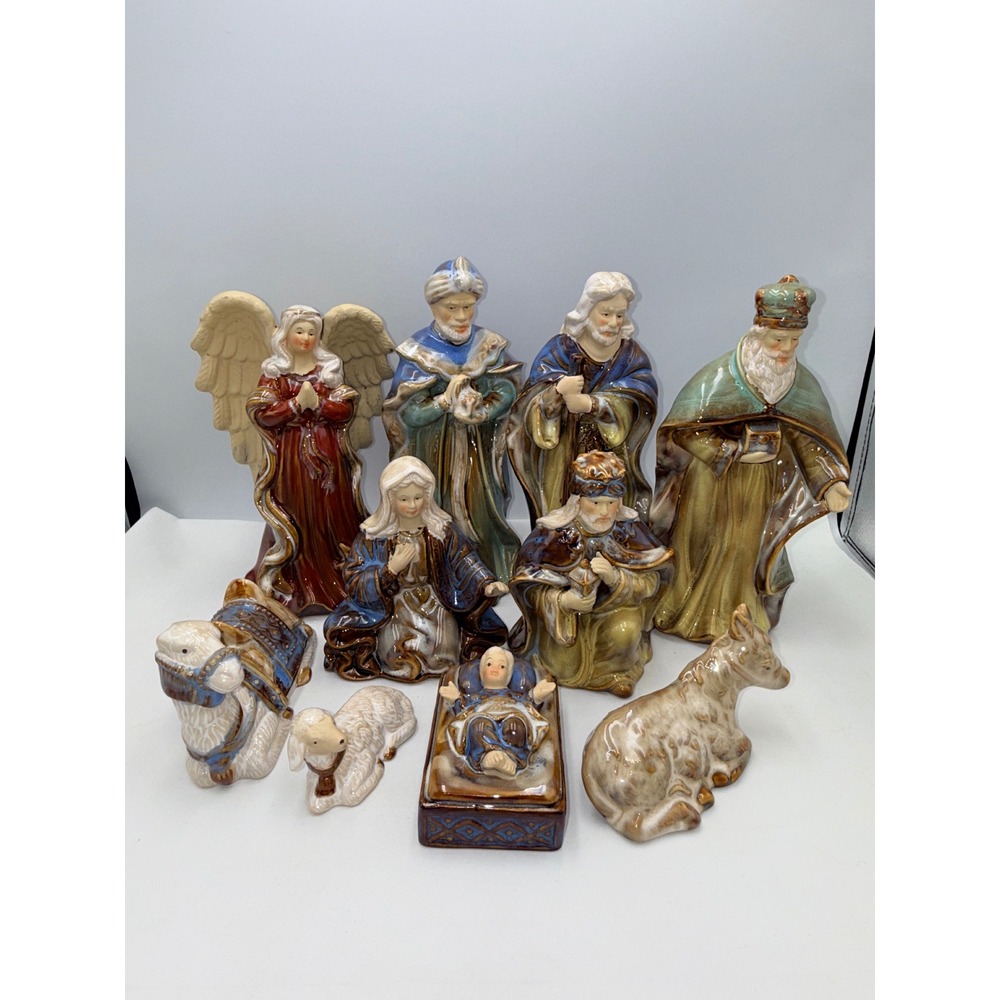 10 Pc Ceramic Nativity Set Blue Teal Amber Glaze Three Kings Angel Camel Lamb